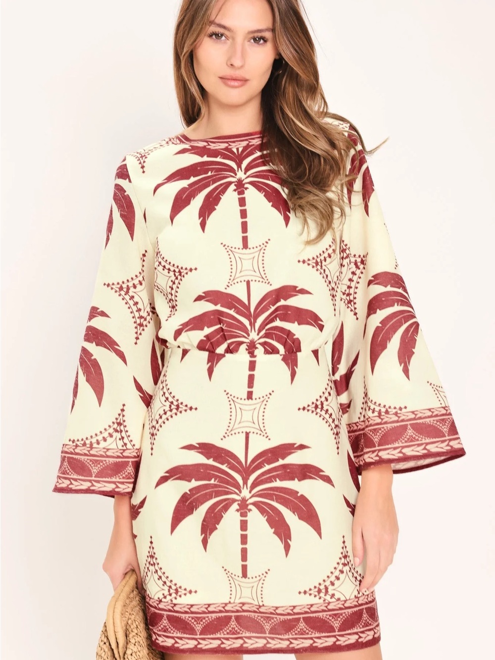 Women's Cream and Burgundy Printed Swim Cover-Up Dress